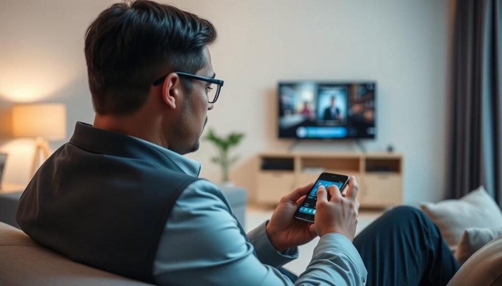 Image of a person watching IPTV on a mobile device Image of a person watching IPTV on a mobile device