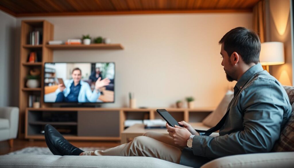 Image of a person watching TV on a budget-friendly device Image of a person watching TV on a budget-friendly device