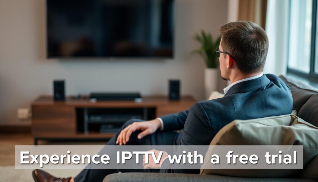 Image of a person watching TV with a caption "Try IPTV Quebec with a free trial"