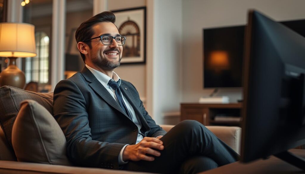 Image of a person watching TV with a satisfied expression