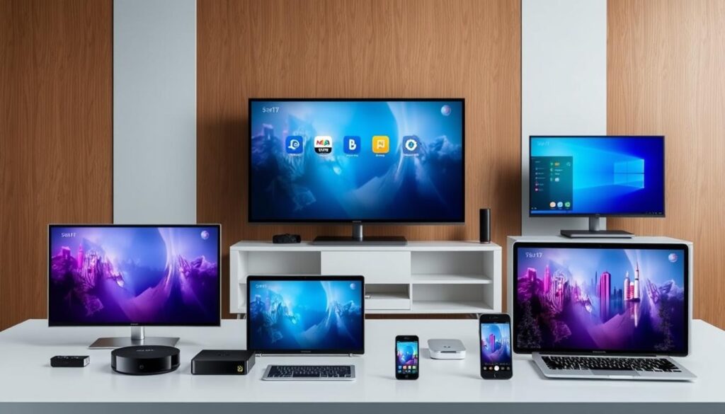 Image of various devices (smart TVs, streaming devices, mobile devices, computers) connected to IPTV services