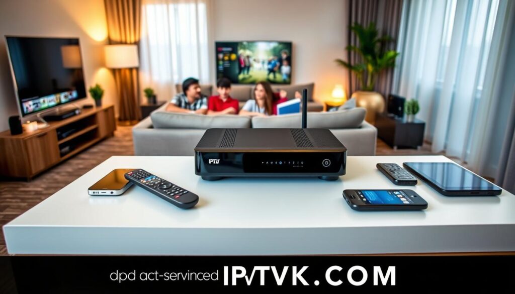 In a modern living room setting, showcase a stylish IPTV device prominently on a sleek, minimalist entertainment unit. Surround the device with a variety of compatible gadgets like smartphones, tablets, and smart TVs, emphasizing their compatibility with IPTV technology for flexible streaming. In the background, depict a cozy atmosphere with soft ambient lighting, such as warm lamps and natural light filtering through curtains, creating an inviting mood. Capture the image from a slight angle to highlight the devices while retaining a clear view of the room, ensuring a professional and polished feel. Include elements like a remote control and a comfortable couch with a family watching content together, conveying the benefits of affordable IPTV services. The brand name "IPTVVUK.COM" should be subtly integrated into the scene, enhancing the relationship with modern entertainment experiences.