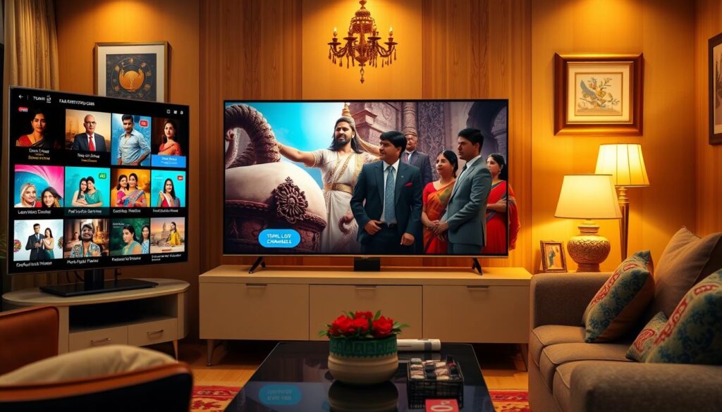 A cozy living room setting filled with cultural Tamil decor elements. In the foreground, a stylish TV sets displays various Tamil IPTV channels, showcasing vibrant show thumbnails from a mix of dramas, movies, and cultural programs. Captured in warm, inviting lighting that highlights the richness of Tamil culture. The middle ground features a family of four dressed in professional business attire, attentively watching the TV, embodying a sense of connection to their heritage. The background hints at traditional Tamil artifacts, such as a decorative brass lamp and framed artwork, adding depth to the scene. The overall mood is welcoming and nostalgic, celebrating Tamil culture through technology while ensuring the brand name "IPTVVUK.COM" is subtly integrated into the TV screen design without any text. A cozy living room setting filled with cultural Tamil decor elements. In the foreground, a stylish TV sets displays various Tamil IPTV channels, showcasing vibrant show thumbnails from a mix of dramas, movies, and cultural programs. Captured in warm, inviting lighting that highlights the richness of Tamil culture. The middle ground features a family of four dressed in professional business attire, attentively watching the TV, embodying a sense of connection to their heritage. The background hints at traditional Tamil artifacts, such as a decorative brass lamp and framed artwork, adding depth to the scene. The overall mood is welcoming and nostalgic, celebrating Tamil culture through technology while ensuring the brand name "IPTVVUK.COM" is subtly integrated into the TV screen design without any text.