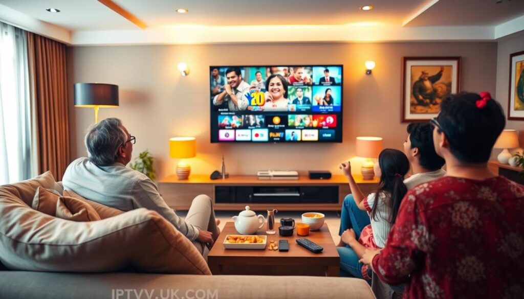 A modern living room scene featuring a family joyfully watching Tamil IPTV channels on a large screen, showcasing vibrant and colorful Tamil programming. In the foreground, a comfortable sofa with stylish cushions and a coffee table filled with remote controls and snacks. The middle layer includes a wall-mounted TV displaying dynamic Tamil content, with visuals of cultural shows, movies, and news. The background features warm, ambient lighting from stylish lamps and artwork that reflects Tamil heritage. Soft focus and a slight warmth to convey a cozy, engaging atmosphere, making viewers feel the benefits of premium Tamil IPTV services. The logo "IPTVVUK.COM" subtly visible on the TV screen, emphasizing brand presence without distracting from the scene. A modern living room scene featuring a family joyfully watching Tamil IPTV channels on a large screen, showcasing vibrant and colorful Tamil programming. In the foreground, a comfortable sofa with stylish cushions and a coffee table filled with remote controls and snacks. The middle layer includes a wall-mounted TV displaying dynamic Tamil content, with visuals of cultural shows, movies, and news. The background features warm, ambient lighting from stylish lamps and artwork that reflects Tamil heritage. Soft focus and a slight warmth to convey a cozy, engaging atmosphere, making viewers feel the benefits of premium Tamil IPTV services. The logo "IPTVVUK.COM" subtly visible on the TV screen, emphasizing brand presence without distracting from the scene.