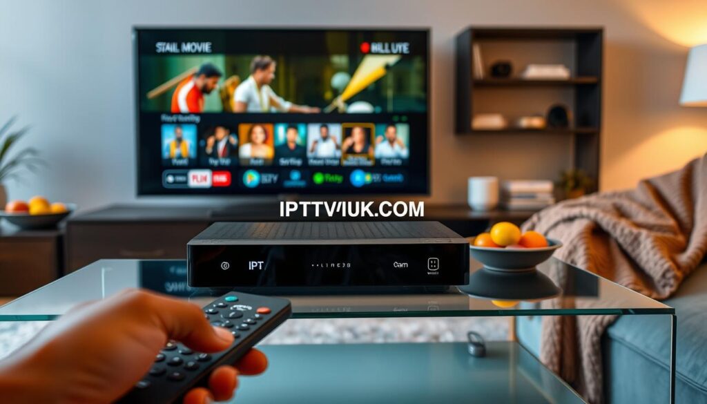 A modern living room setting with a sleek IPTV device prominently displayed on a stylish glass entertainment unit. The device features a polished black finish with glowing LED indicators, sitting next to a high-definition smart TV showcasing vibrant Tamil movie streaming content. In the foreground, a hand is reaching for a remote control, emphasizing user interaction. The middle ground includes decorative elements like a bowl of fresh fruit and a cozy throw blanket draped over a sofa, providing a homely ambiance. The background portrays a softly lit room with warm lighting, enhancing the inviting atmosphere. This image should evoke a sense of comfort and accessibility in enjoying Tamil IPTV services. Include the brand name "IPTVVUK.COM" subtly on the device, ensuring a professional and clean depiction without any logos or text overlays. A modern living room setting with a sleek IPTV device prominently displayed on a stylish glass entertainment unit. The device features a polished black finish with glowing LED indicators, sitting next to a high-definition smart TV showcasing vibrant Tamil movie streaming content. In the foreground, a hand is reaching for a remote control, emphasizing user interaction. The middle ground includes decorative elements like a bowl of fresh fruit and a cozy throw blanket draped over a sofa, providing a homely ambiance. The background portrays a softly lit room with warm lighting, enhancing the inviting atmosphere. This image should evoke a sense of comfort and accessibility in enjoying Tamil IPTV services. Include the brand name "IPTVVUK.COM" subtly on the device, ensuring a professional and clean depiction without any logos or text overlays.