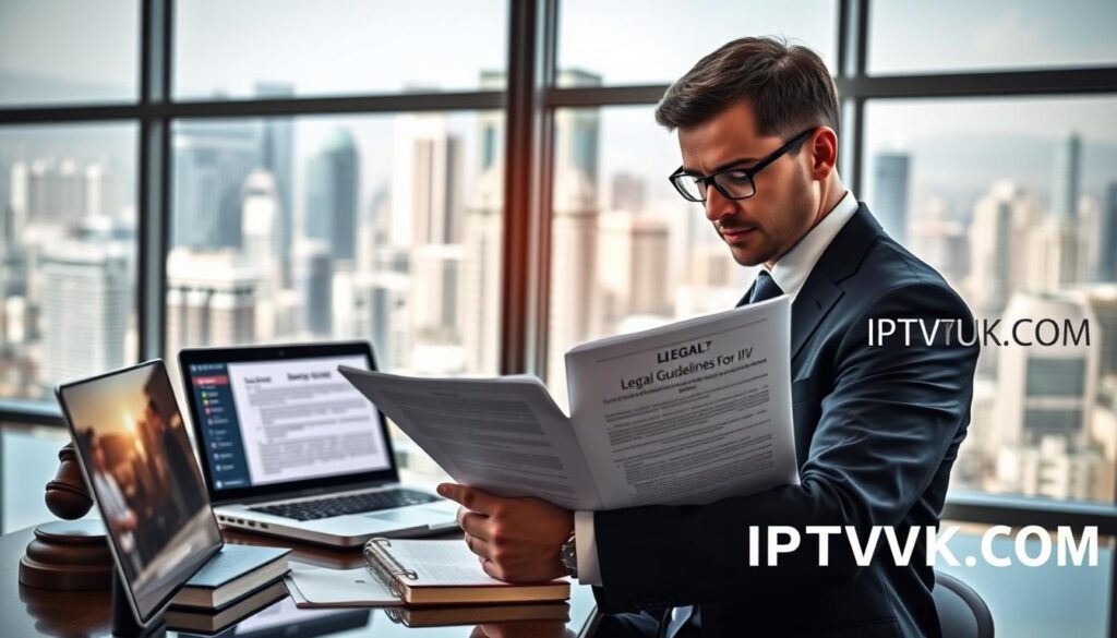 A professional, informative scene illustrating the "Legal and Safety Considerations for IPTV Links." In the foreground, a focused business professional, dressed in formal business attire, reads a document titled "Legal Guidelines for IPTV" while using a laptop. The middle ground features a modern office setting with legal books, a laptop displaying an IPTV service interface, and a notepad filled with notes. In the background, a large window reveals a bustling cityscape, symbolizing technology and connectivity. The lighting is bright and natural, illuminating the workspace, creating a sense of clarity and professionalism. The overall atmosphere is serious yet approachable, emphasizing the importance of understanding legal aspects in IPTV services. The brand name "IPTVVUK.COM" subtly integrated into the scene through logo designs on the laptop screen and legal documents, reinforcing the authoritative context without being obtrusive.