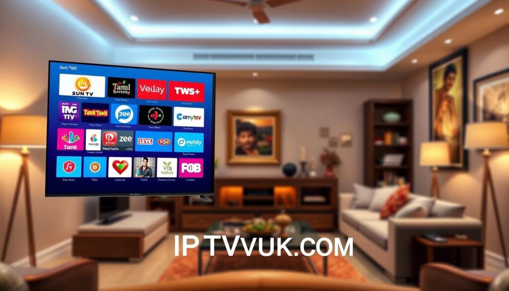 Create an image depicting a vibrant digital display showcasing a variety of popular Tamil IPTV channels, symbolizing their availability for a US audience. In the foreground, feature a sleek, modern television screen with colorful channel icons, prominently displaying logos from popular Tamil channels such as Sun TV, Vijay TV, and Zee Tamil. The middle layer should include a cozy living room setting with a stylish couch and decorative elements that reflect Tamil culture, like traditional art or textiles. In the background, soft ambient lighting enhances the warm atmosphere, giving a sense of inviting entertainment. Use a wide-angle perspective to capture the entirety of the scene. Include the brand name "IPTVVUK.COM" subtly integrated into the design, ensuring a polished and professional look without any text overlays or watermarks. Create an image depicting a vibrant digital display showcasing a variety of popular Tamil IPTV channels, symbolizing their availability for a US audience. In the foreground, feature a sleek, modern television screen with colorful channel icons, prominently displaying logos from popular Tamil channels such as Sun TV, Vijay TV, and Zee Tamil. The middle layer should include a cozy living room setting with a stylish couch and decorative elements that reflect Tamil culture, like traditional art or textiles. In the background, soft ambient lighting enhances the warm atmosphere, giving a sense of inviting entertainment. Use a wide-angle perspective to capture the entirety of the scene. Include the brand name "IPTVVUK.COM" subtly integrated into the design, ensuring a polished and professional look without any text overlays or watermarks.