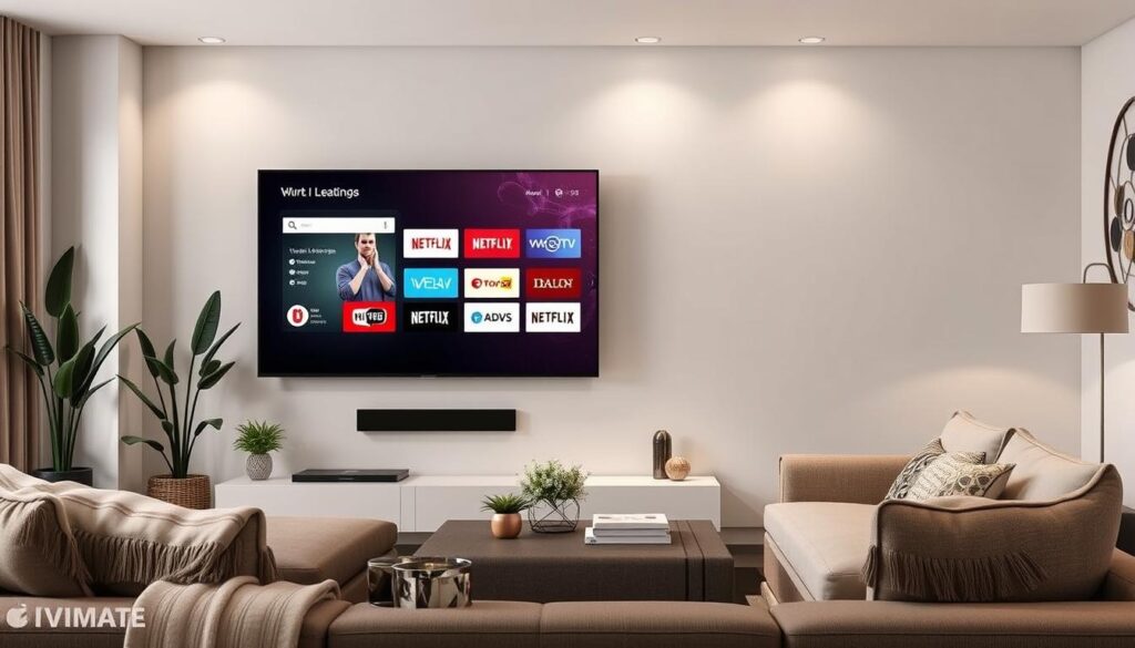 Generate an image of TiviMate IPTV player on a TV screen