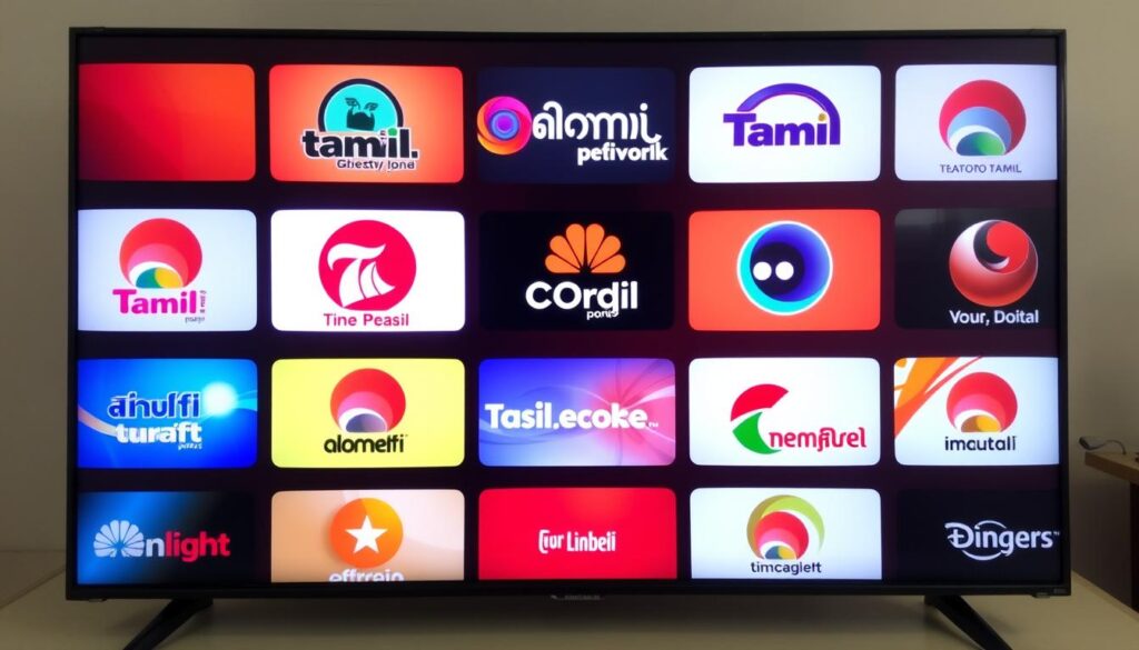 Generate an image of a TV screen displaying various Tamil channels. Generate an image of a TV screen displaying various Tamil channels.