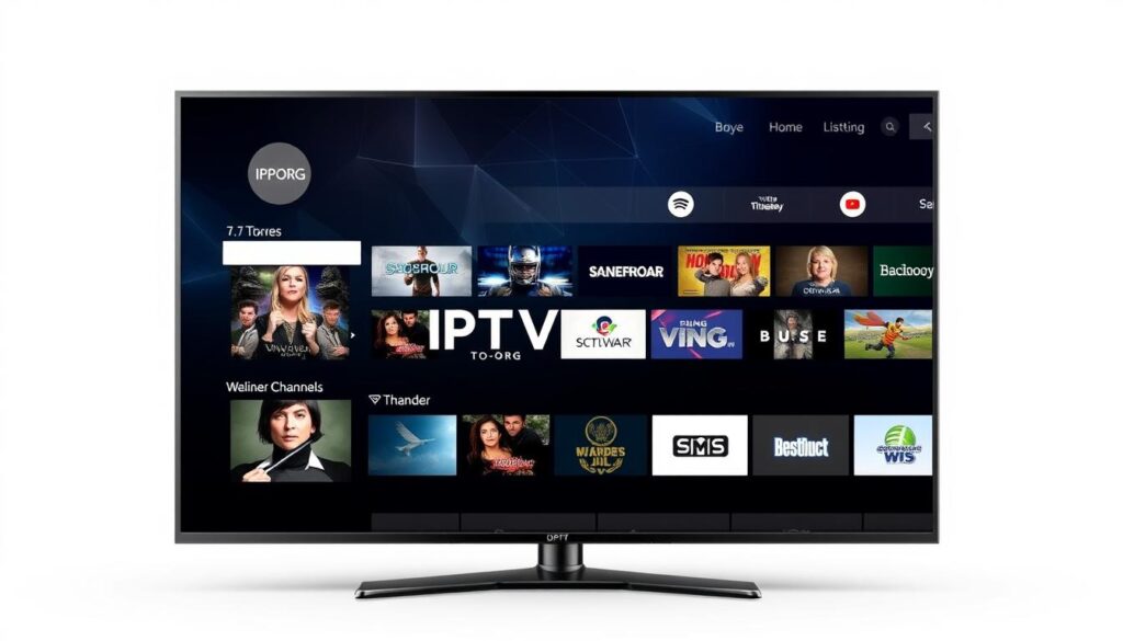 Generate an image representing IPTV-ORG service with a modern interface and diverse channel listings.