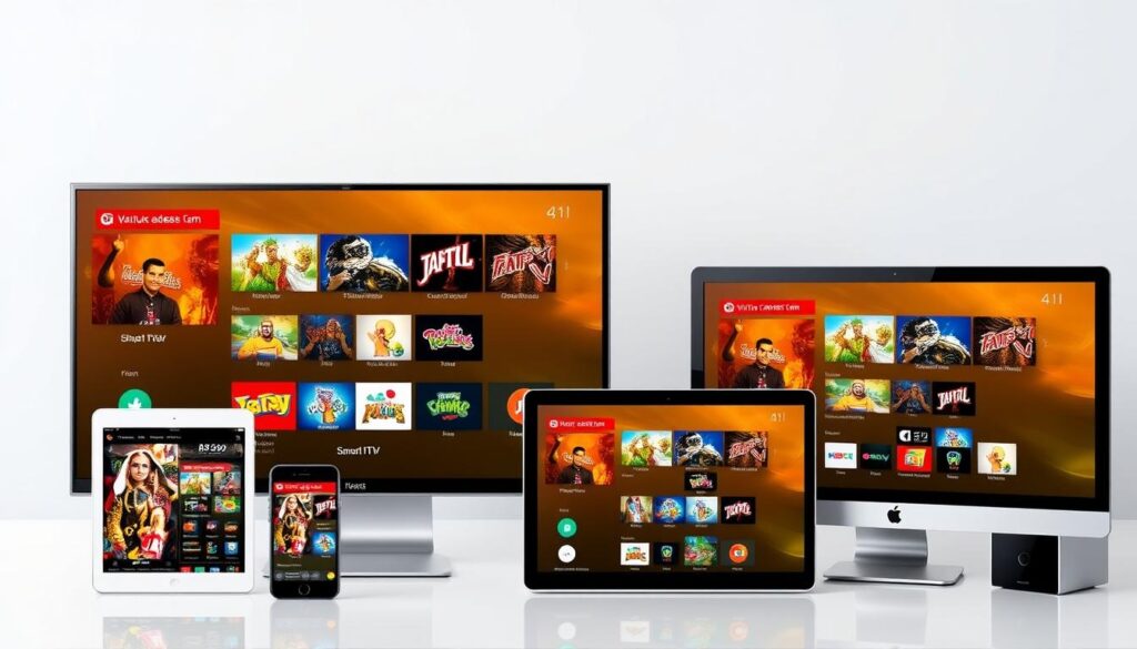 Image of various devices like Smart TVs, smartphones, tablets, and computers with Tamil IPTV interface Image of various devices like Smart TVs, smartphones, tablets, and computers with Tamil IPTV interface